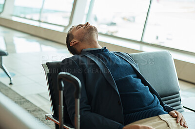 Buy stock photo Airport, travel and tired businessman sleeping while waiting to board his plane for work in city. Exhausted, rest and professional corporate male employee taking nap while traveling with flight delay