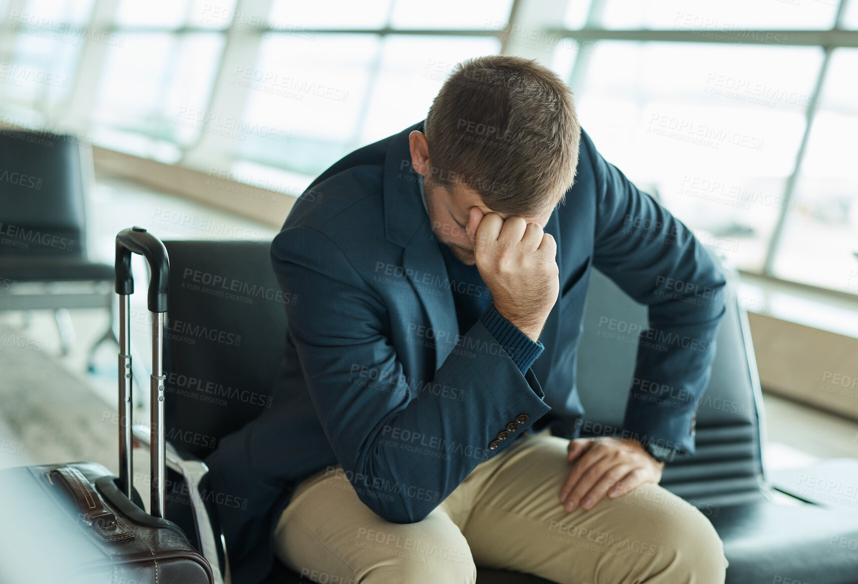 Buy stock photo Airport, headache and stress man waiting to travel, frustrated and sad for transport delay, crisis or problem. Immigration, anxiety and person thinking, fail or mistake for international flight news
