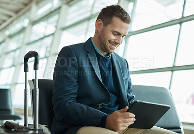 Buy stock photo Airport travel, tablet or business man review finance portfolio, stock market database or investment feedback. Economy, forex account manager or trader happy for NFT, bitcoin or crypto trading profit