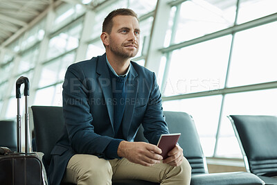 Buy stock photo Airport, passport and business man for travel opportunity, immigration and relax in lobby waiting room for flight. Person or international entrepreneur with identity document and luggage or suitcase 