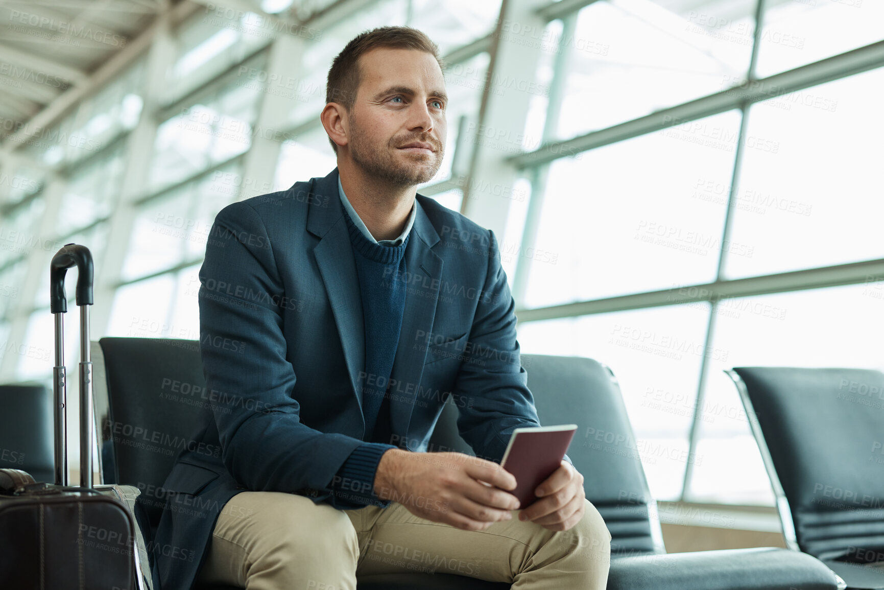 Buy stock photo Airport, passport and business man for travel opportunity, immigration and relax in lobby waiting room for flight. Person or international entrepreneur with identity document and luggage or suitcase 