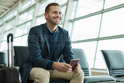 Buy stock photo Airport, passport and happy man for travel opportunity, immigration and relax in lobby waiting room for flight. Excited person or international businessman, identity document and luggage or suitcase 