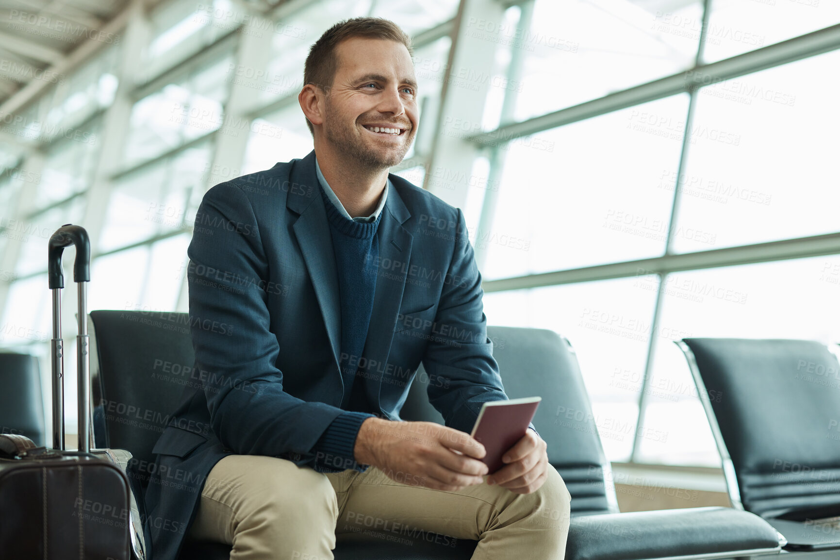 Buy stock photo Airport, passport and happy man for travel opportunity, immigration and relax in lobby waiting room for flight. Excited person or international businessman, identity document and luggage or suitcase 