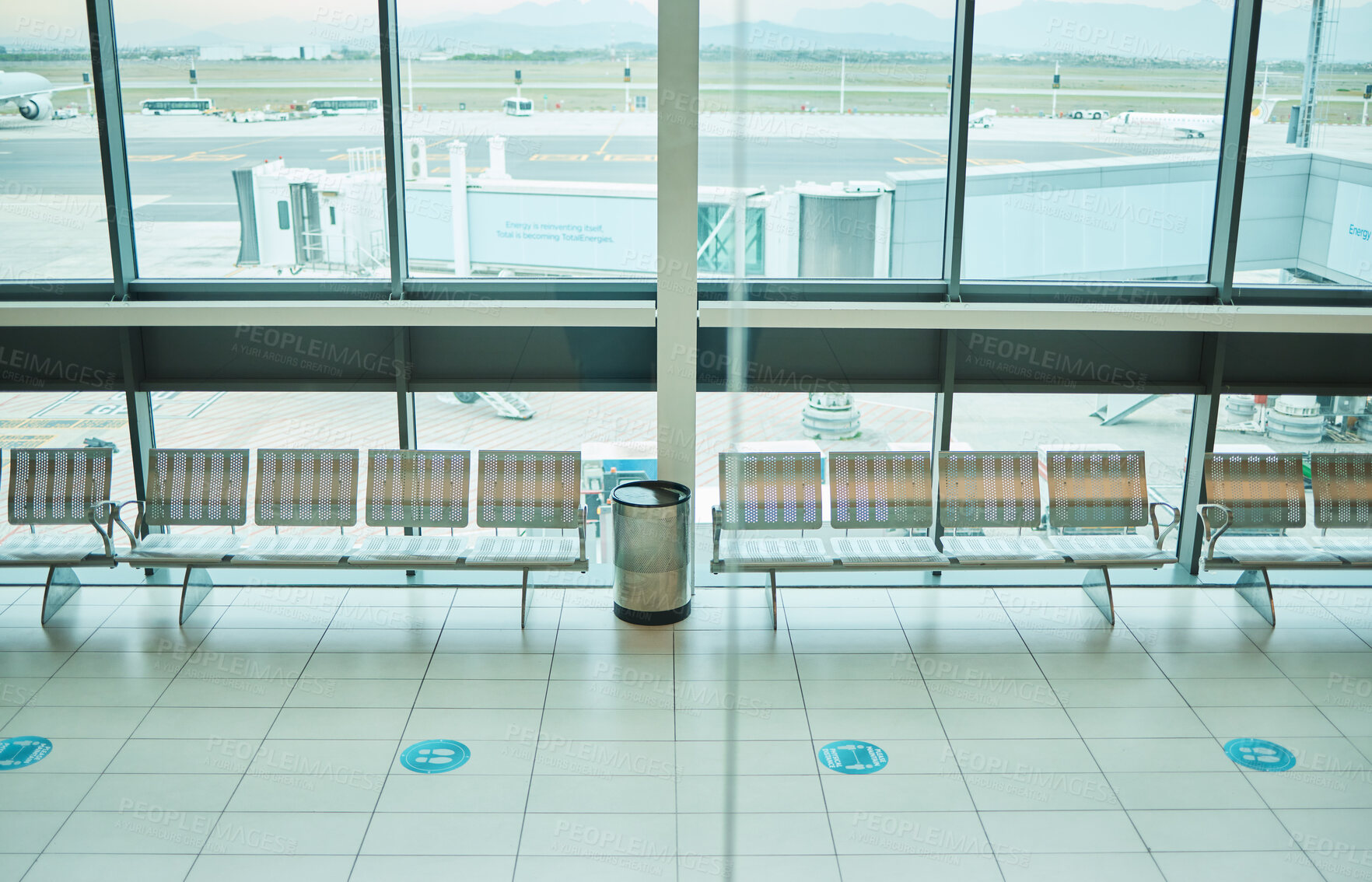 Buy stock photo Empty airport, chair or furniture in departure lounge, covid compliance or coronavirus lockdown in global healthcare laws. Air travel, seats or waiting area and nobody in bacteria control management 