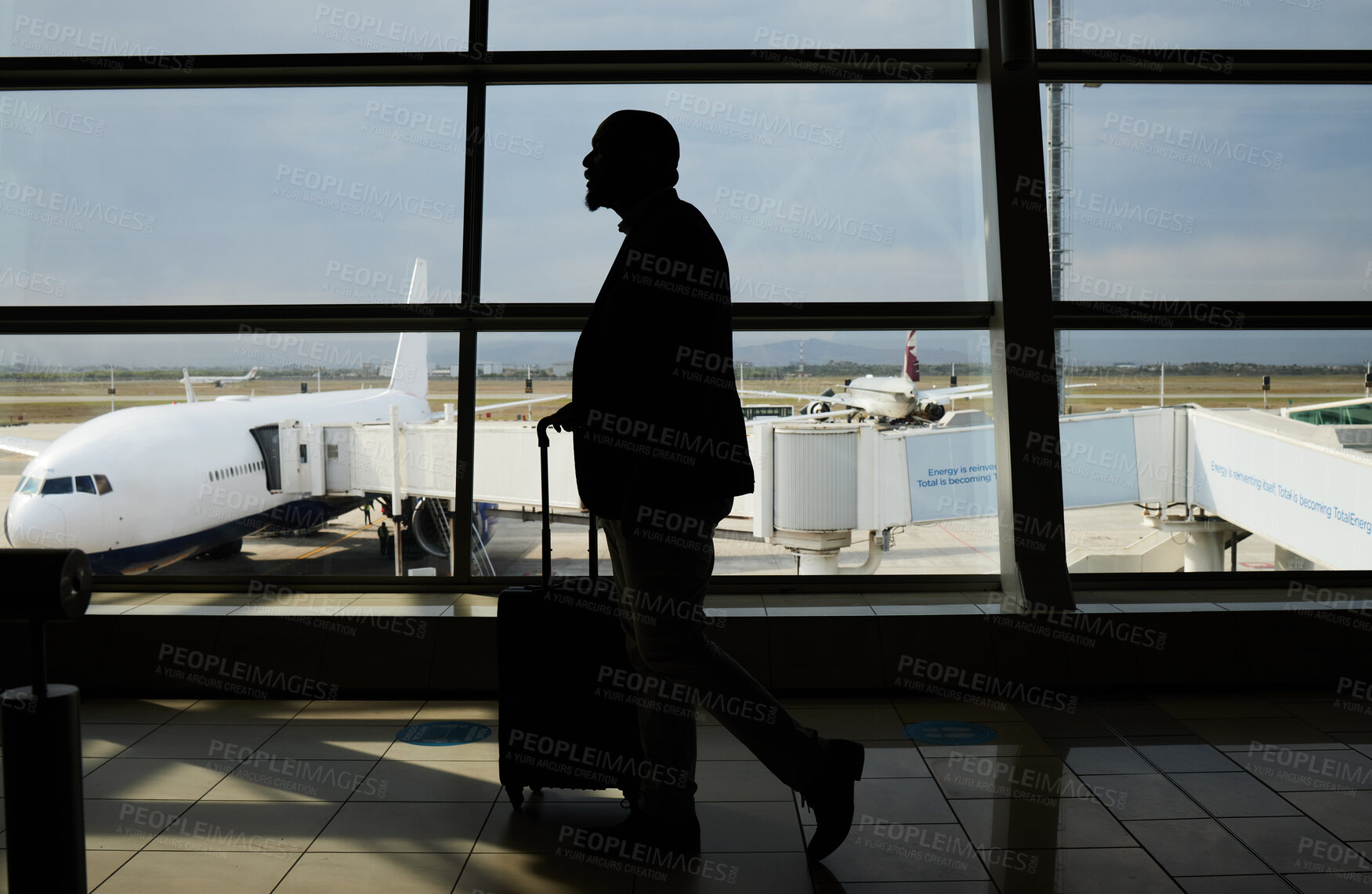 Buy stock photo Airport, travel or silhouette man walking to airplane, flight booking or transportation for world tour. Suitcase luggage, plane departure or profile person on holiday trip, vacation or global journey