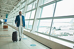 Airport luggage, travel and black man walking to airplane, flight booking or transportation for corporate trip. Suitcase, plane departure or African businessman on holiday, vacation or global journey