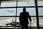 Airplane, travel or silhouette man watch plane fly, flight booking or transportation for world trip. Suitcase luggage, airport departure or back of person on holiday trip, vacation or global journey
