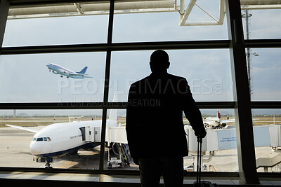 Buy stock photo Airplane, travel or silhouette man watch plane fly, flight booking or transportation for world trip. Suitcase luggage, airport departure or back of person on holiday trip, vacation or global journey