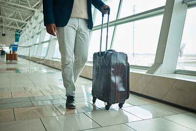 Buy stock photo Airport legs, travel and man walking to airplane, flight booking or transportation for corporate trip. Luggage suitcase, plane departure or African businessman on holiday, vacation or global journey