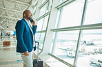 Black man, phone call and luggage at airport for business travel, trip or communication waiting for flight. African American male smile for conversation on smartphone and looking out window for plain