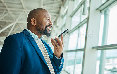 Buy stock photo Black man, phone call and communication at airport window for business travel or trip waiting for flight. African American male traveler smile for conversation, voice note or discussion on smartphone