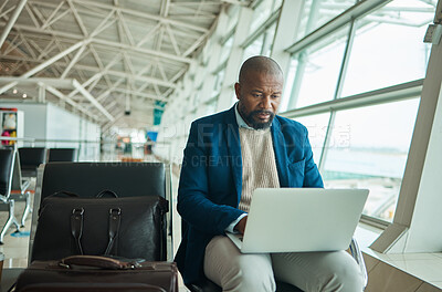 Buy stock photo Airport travel, laptop and business man review finance portfolio feedback, stock market database or investment. Online economy, forex account manager and African trader trading NFT, bitcoin or crypto