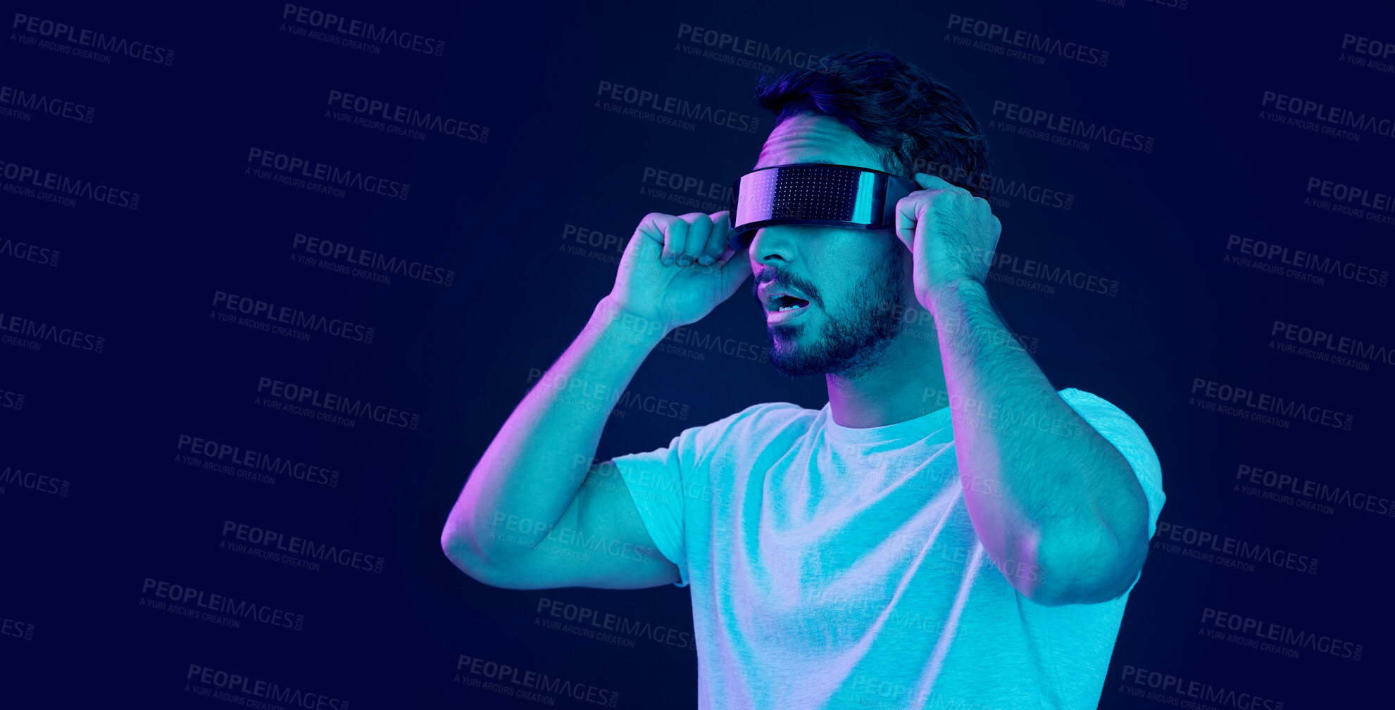 Buy stock photo Man with vr headset, gamer and digital transformation for metaverse experience in technology. Person streaming augmented reality simulation, futuristic gaming and studio with dark background