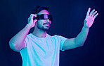 Vr glasses, space or man in metaverse on black background gaming, cyberpunk or scifi on digital overlay. Technology, virtual reality user or fantasy gamer person in future ai 3d experience in studio