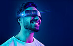 Vr, glasses or man in metaverse on black background gaming, cyber or scifi on futuristic digital overlay. Smile, virtual reality user or happy fantasy gamer person in a fun 3d experience in studio