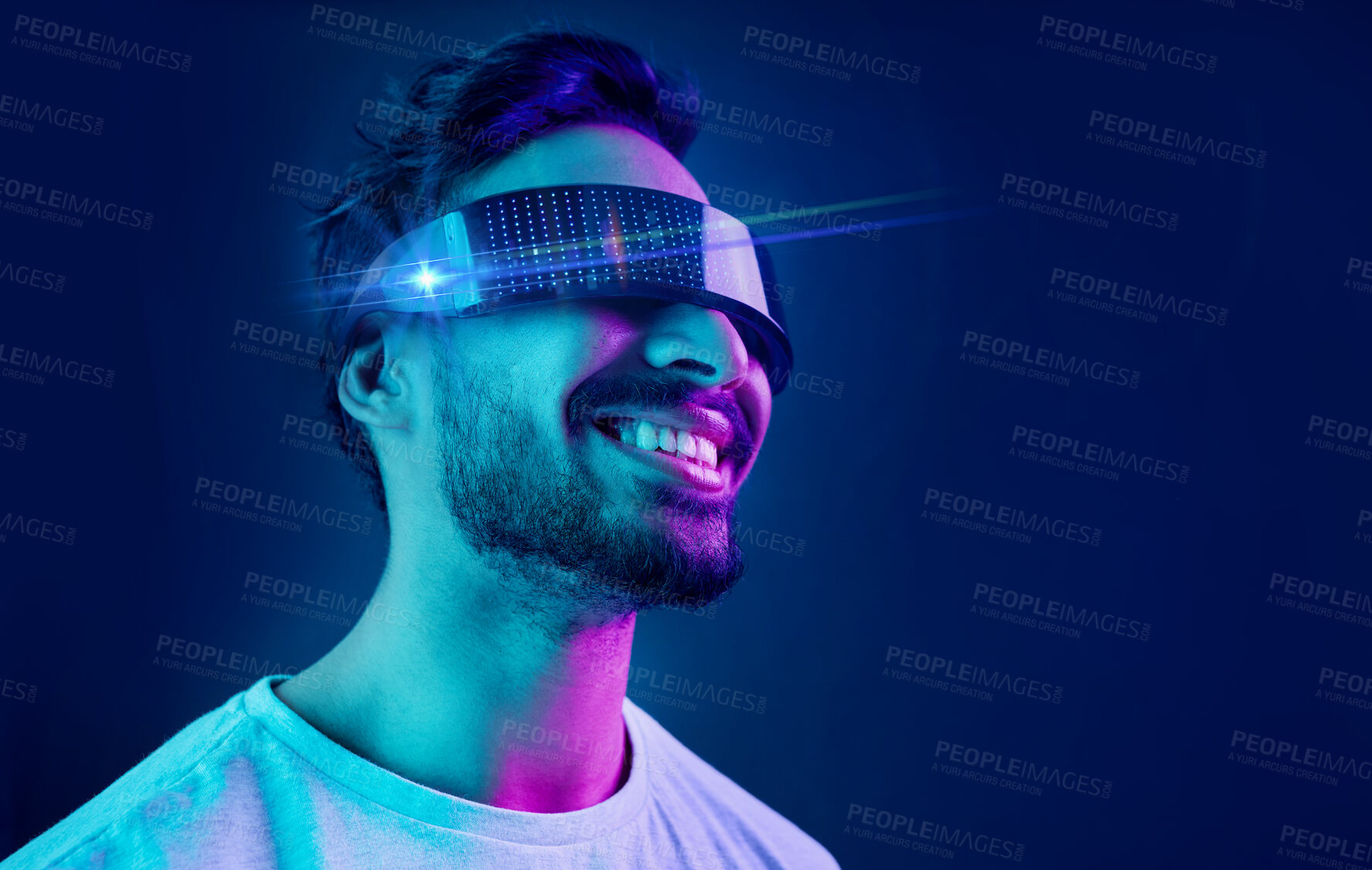 Buy stock photo Vr, glasses or man in metaverse on black background gaming, cyber or scifi on futuristic digital overlay. Smile, virtual reality user or happy fantasy gamer person in a fun 3d experience in studio