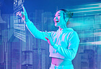 Futuristic, hologram or woman in metaverse on purple background gaming, cyber or scifi on digital overlay. Wow, girl virtual reality user or Asian fantasy gamer person in 3d ai experience in studio