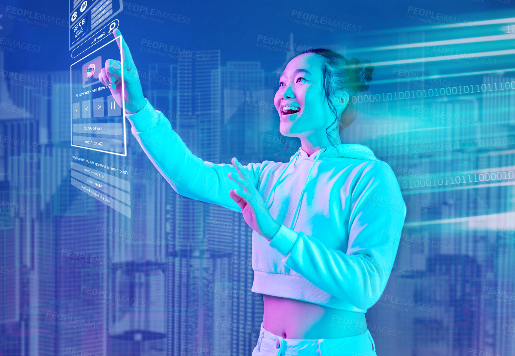 Buy stock photo Futuristic, hologram or woman in metaverse on purple background gaming, cyber or scifi on digital overlay. Wow, girl virtual reality user or Asian fantasy gamer person in 3d ai experience in studio