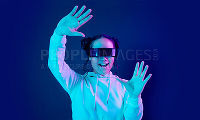 Buy stock photo Virtual reality glasses, wow and a woman with vr tech for futuristic gaming, cyber and 3d world. Gamer person excited with hands for ar, digital experience and cyberpunk ux dark background app