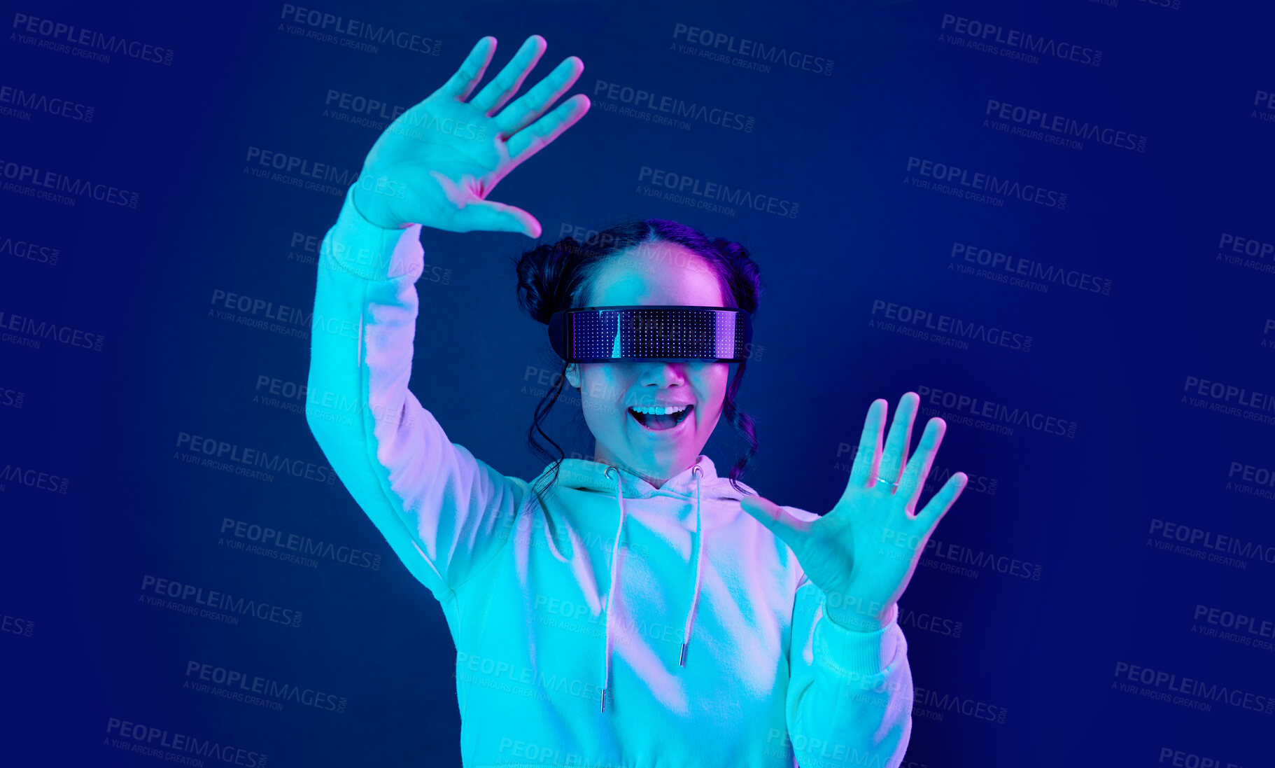 Buy stock photo Virtual reality glasses, wow and a woman with vr tech for futuristic gaming, cyber and 3d world. Gamer person excited with hands for ar, digital experience and cyberpunk ux dark background app