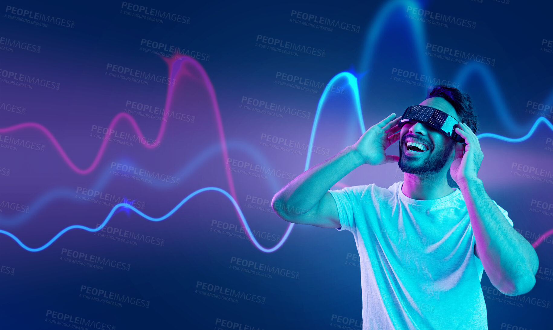 Buy stock photo Future, sound wave or happy man in metaverse on purple background gaming, cyber or scifi on digital overlay. Neon, virtual reality or fantasy gamer person in fun futuristic 3d vr experience in studio