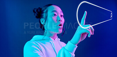 Buy stock photo Futuristic, search engine or woman in metaverse on purple background for research on neon digital overlay. Wow, virtual reality user or Asian fantasy person typing on 3d ai website for data in studio