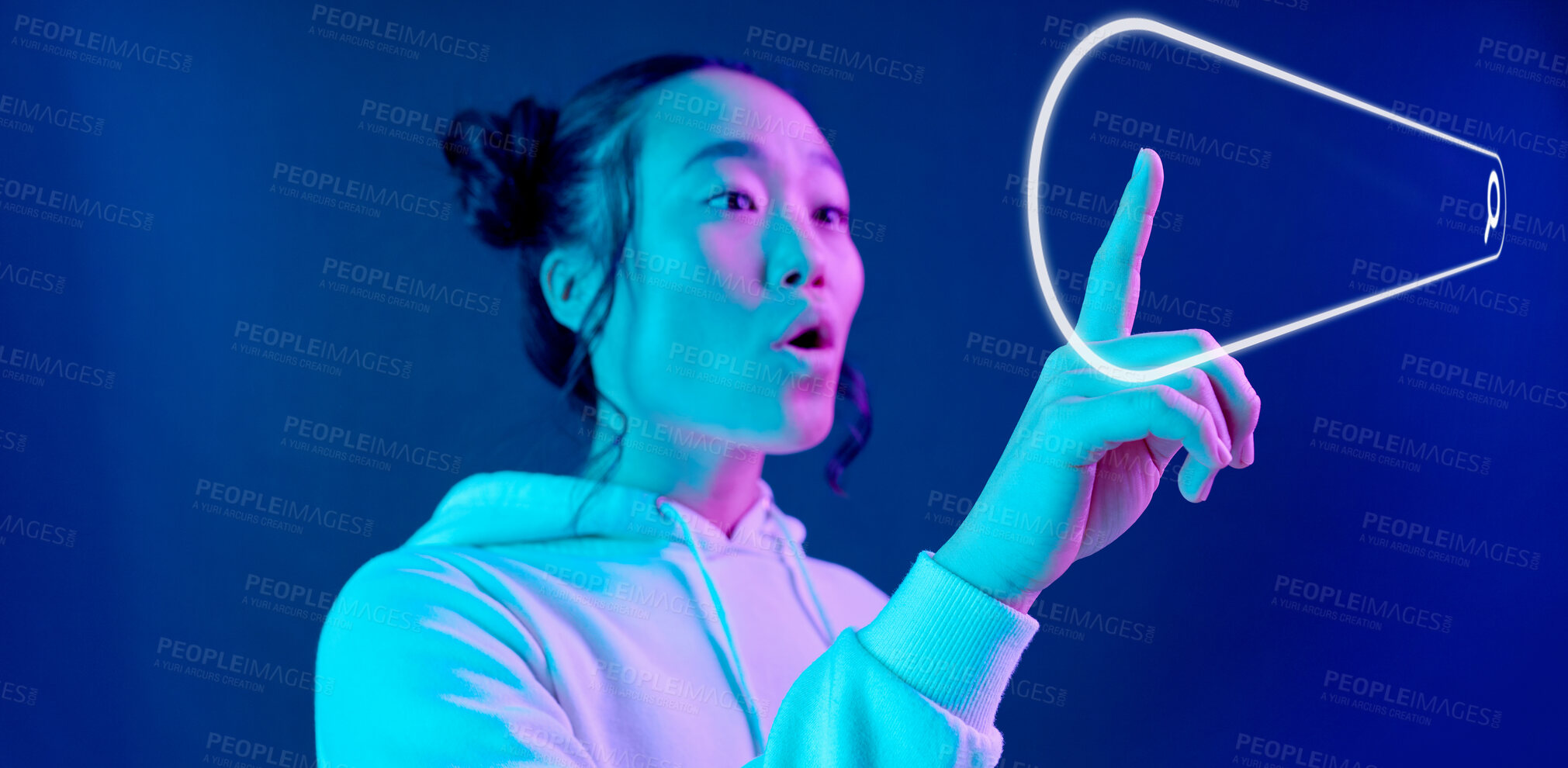 Buy stock photo Futuristic, search engine or woman in metaverse on purple background for research on neon digital overlay. Wow, virtual reality user or Asian fantasy person typing on 3d ai website for data in studio