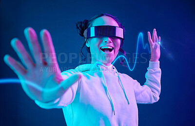 Buy stock photo Vr, wave or woman in metaverse on purple background gaming, cyber or scifi on future digital overlay. Wow, fun virtual reality user or happy Asian fantasy gamer person in 3d ai experience in studio