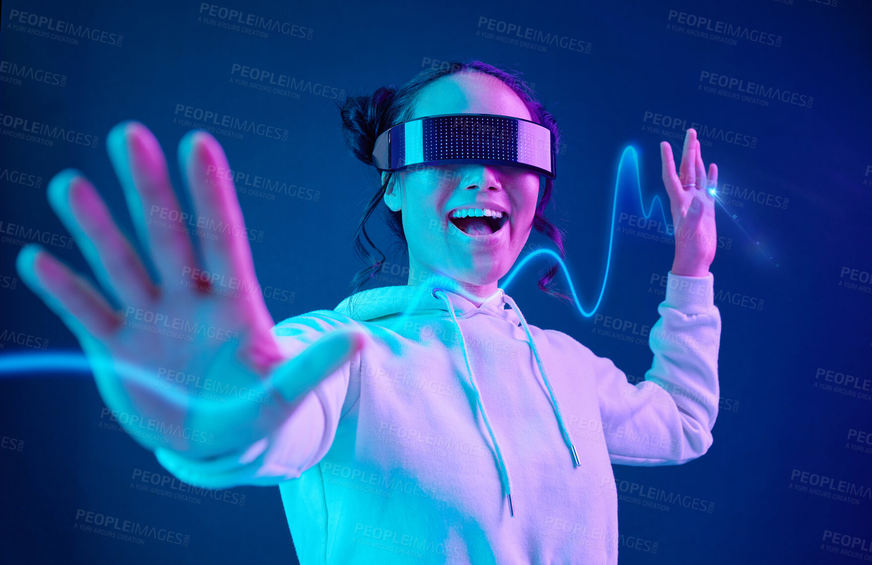 Buy stock photo Vr, wave or woman in metaverse on purple background gaming, cyber or scifi on future digital overlay. Wow, fun virtual reality user or happy Asian fantasy gamer person in 3d ai experience in studio