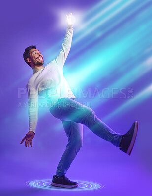 Buy stock photo Virtual reality, man in action and digital overlay for cyberpunk metaverse, gaming user experience and scifi in studio. Software, future and gamer person isolated on a purple background with 3d dance