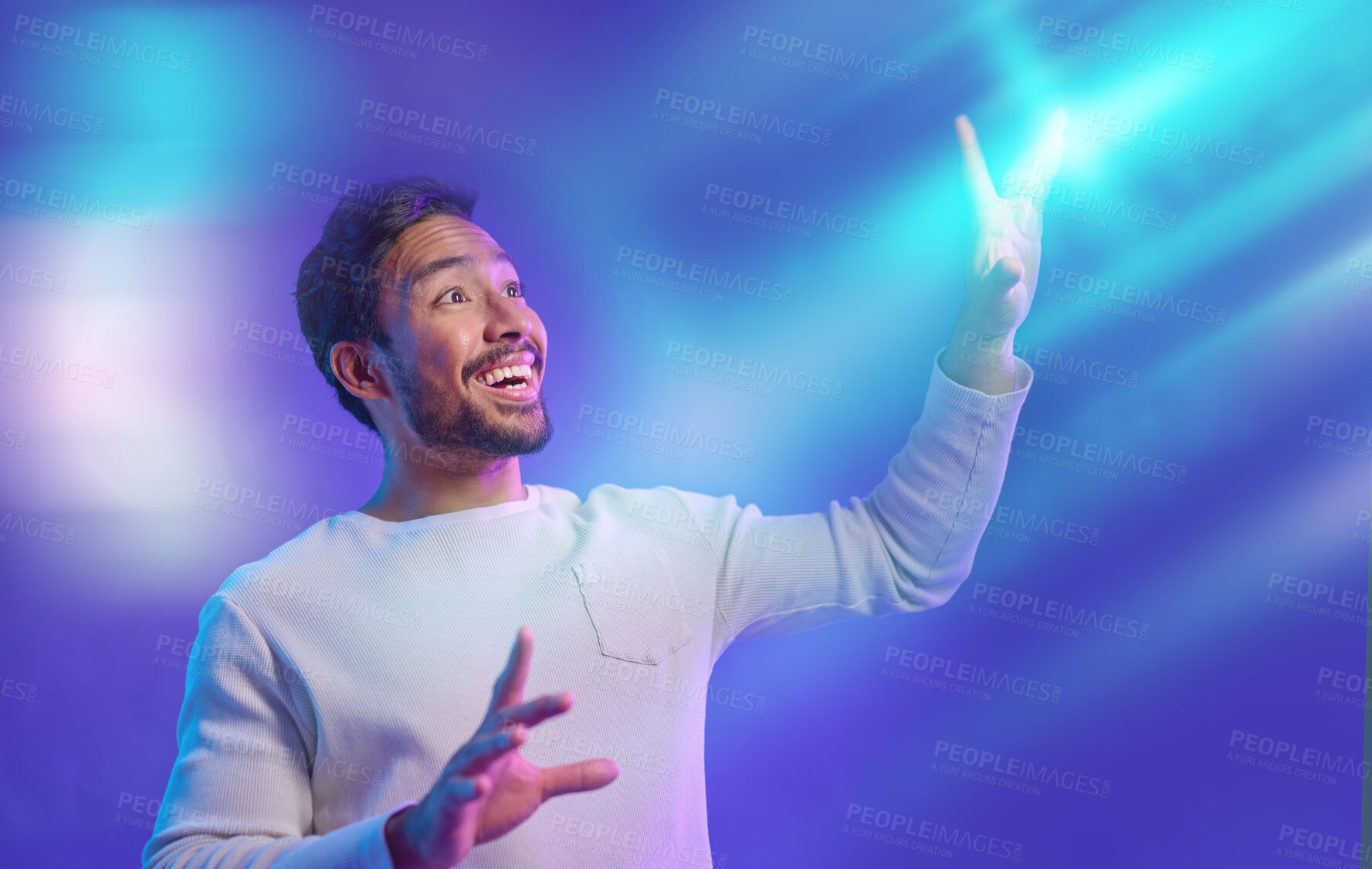 Buy stock photo Futuristic, neon metaverse and man isolated on purple background gaming, cyberpunk and scifi on digital overlay. Fantasy, creative and virtual reality user or gamer person in 3d experience in studio