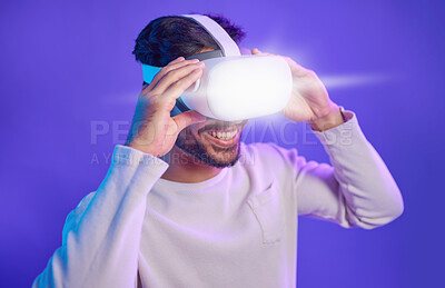 Buy stock photo Future of ai, man with vr headset and digital transformation for metaverse experience in technology. Person streaming augmented reality simulation, futuristic gaming and vision for virtual reality ux