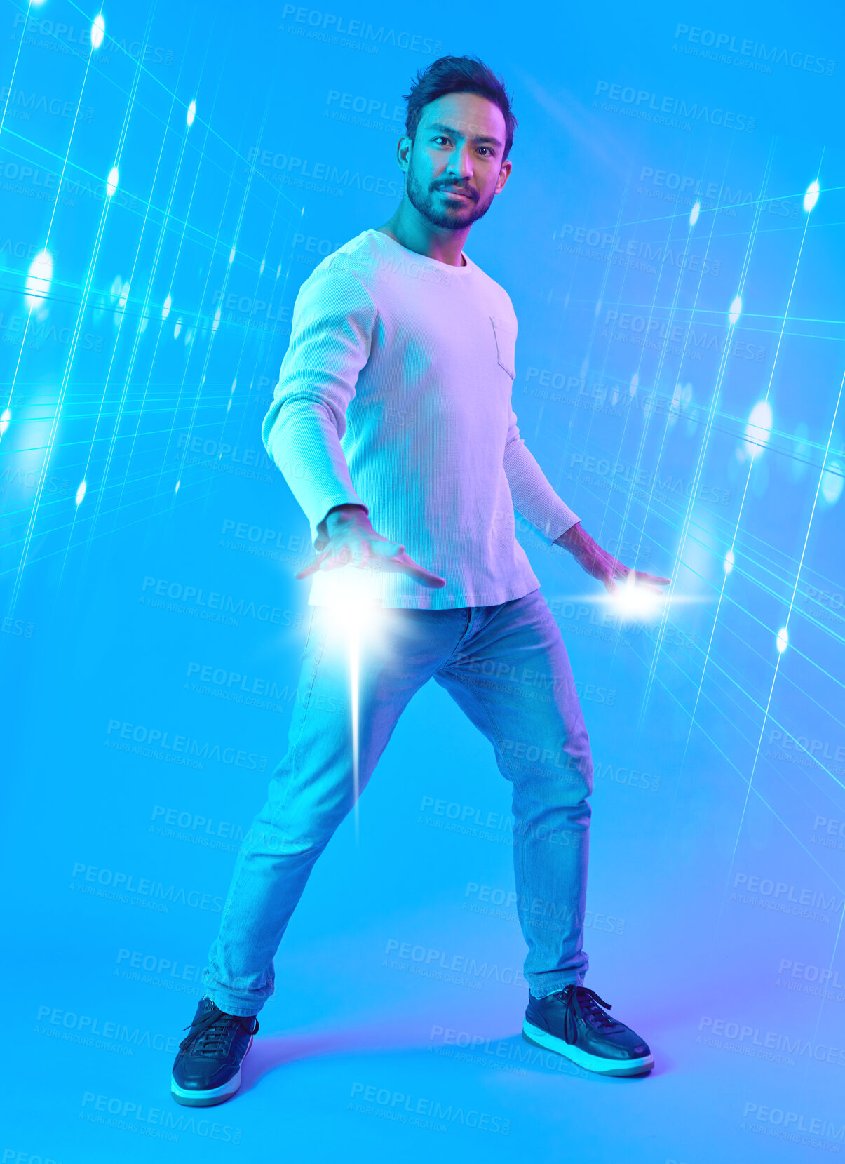 Buy stock photo Hologram, metaverse and portrait of a man in a studio with a cyber, digital or scifi overlay for gaming. Virtual reality, futuristic and male gamer with a 3d fantasy experience by a blue background.