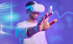 Metaverse, hand and vr, man and screen touch, futuristic and technology innovation in studio. Digital simulation, ux and gaming, cyber tech overlay and virtual reality goggles on purple background
