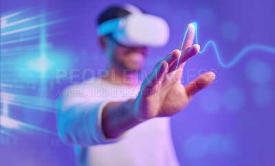 Buy stock photo Metaverse, hand and vr, man and screen touch, futuristic and technology innovation in studio. Digital simulation, ux and gaming, cyber tech overlay and virtual reality goggles on purple background