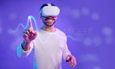 Buy stock photo Futuristic, hand and virtual reality, man and screen touch, metaverse and technology innovation in studio. Digital transformation, ux and gaming, cyber tech overlay and vr goggles with mockup space