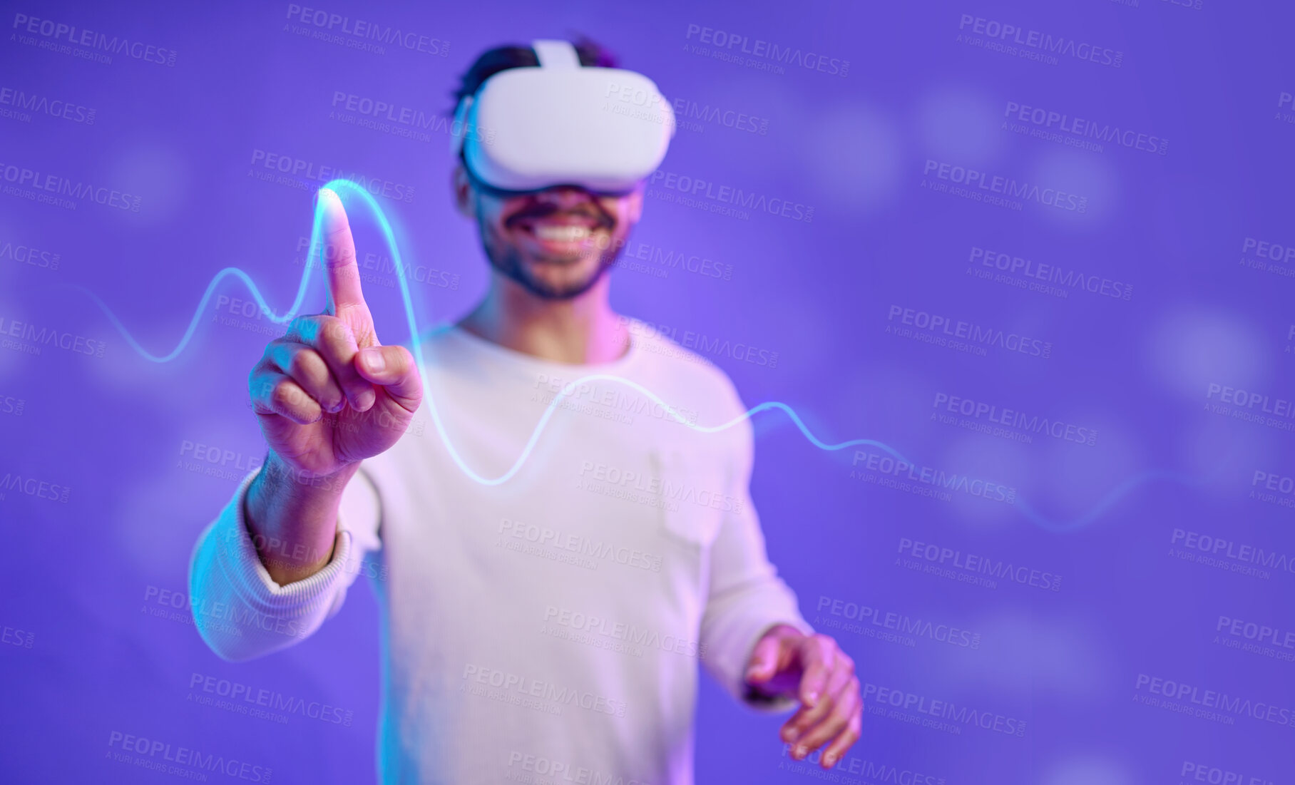 Buy stock photo Futuristic, hand and virtual reality, man and screen touch, metaverse and technology innovation in studio. Digital transformation, ux and gaming, cyber tech overlay and vr goggles with mockup space