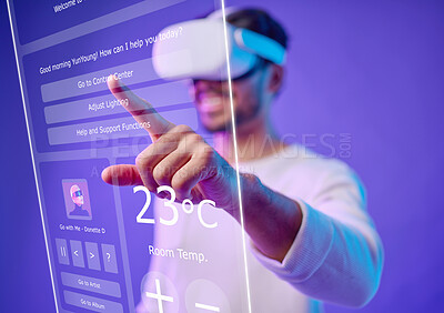 Buy stock photo Future, overlay or man typing in metaverse on purple background searching, cyber or scifi on digital overlay. Ux screen, virtual reality user or happy person in futuristic 3d ai experience in studio 