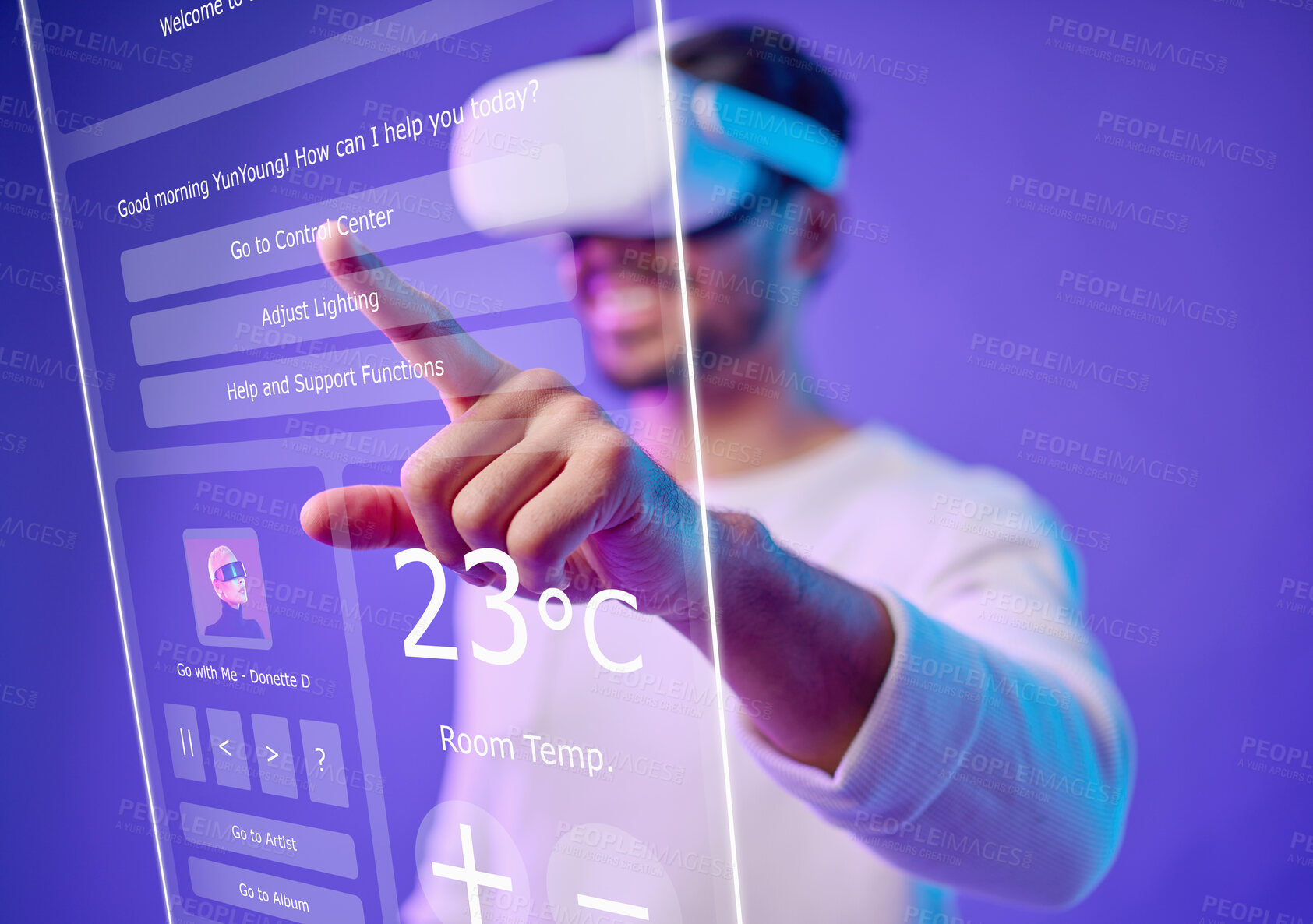 Buy stock photo Future, overlay or man typing in metaverse on purple background searching, cyber or scifi on digital overlay. Ux screen, virtual reality user or happy person in futuristic 3d ai experience in studio 