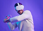 Man fight in metaverse, virtual reality glasses and futuristic game for vr gaming in cyber 3d world. Gamer person with hand controller for ar, digital experience and cyberpunk purple background app
