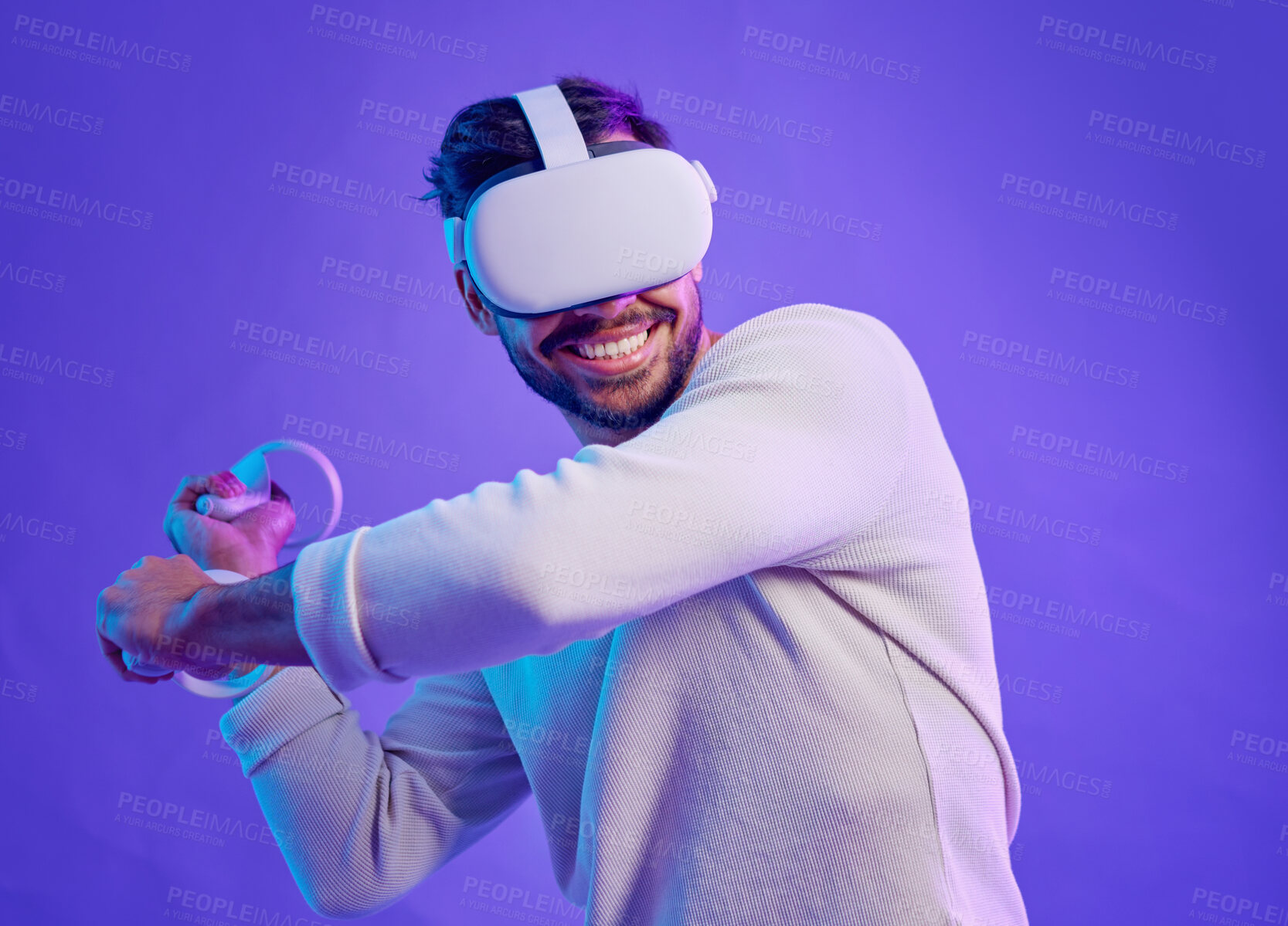 Buy stock photo Man fight in metaverse, virtual reality glasses and futuristic game for vr gaming in cyber 3d world. Gamer person with hand controller for ar, digital experience and cyberpunk purple background app