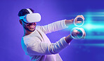 Virtual reality headset, metaverse and man fight for futuristic gaming, cyber and 3d world. Gamer person with hand for ar overlay, digital experience and creative cyberpunk purple background app
