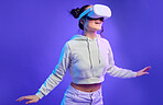 Future of ai, woman with vr headset and digital transformation for metaverse experience in technology. Person streaming augmented reality simulation, futuristic gaming and ux for virtual reality wow