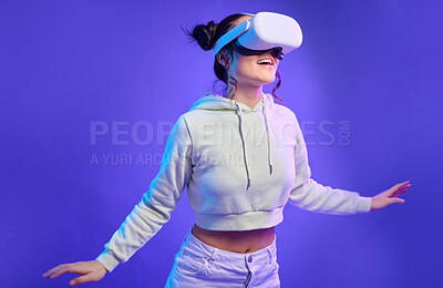 Buy stock photo Future of ai, woman with vr headset and digital transformation for metaverse experience in technology. Person streaming augmented reality simulation, futuristic gaming and ux for cyber innovation