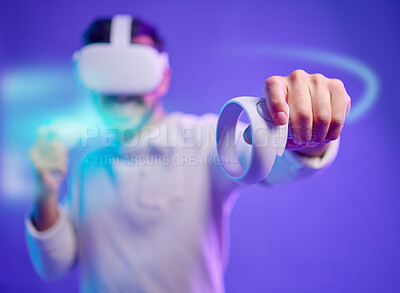 Buy stock photo Virtual reality, metaverse and man fight on game with vr glasses for futuristic cyber 3d world. Gamer person with hand controller for ar app, digital experience and purple background overlay gaming