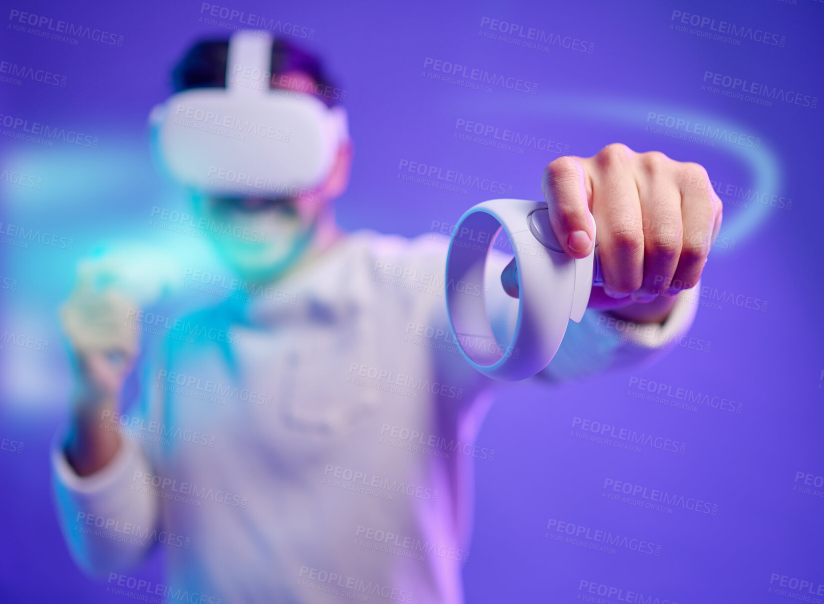 Buy stock photo Virtual reality, metaverse and man fight on game with vr glasses for futuristic cyber 3d world. Gamer person with hand controller for ar app, digital experience and purple background overlay gaming