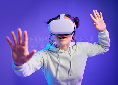 Buy stock photo Woman in metaverse with virtual reality glasses for futuristic gaming, cyber and 3d world. Excited gamer person with hand for wow ar, digital experience and creative cyberpunk purple background app