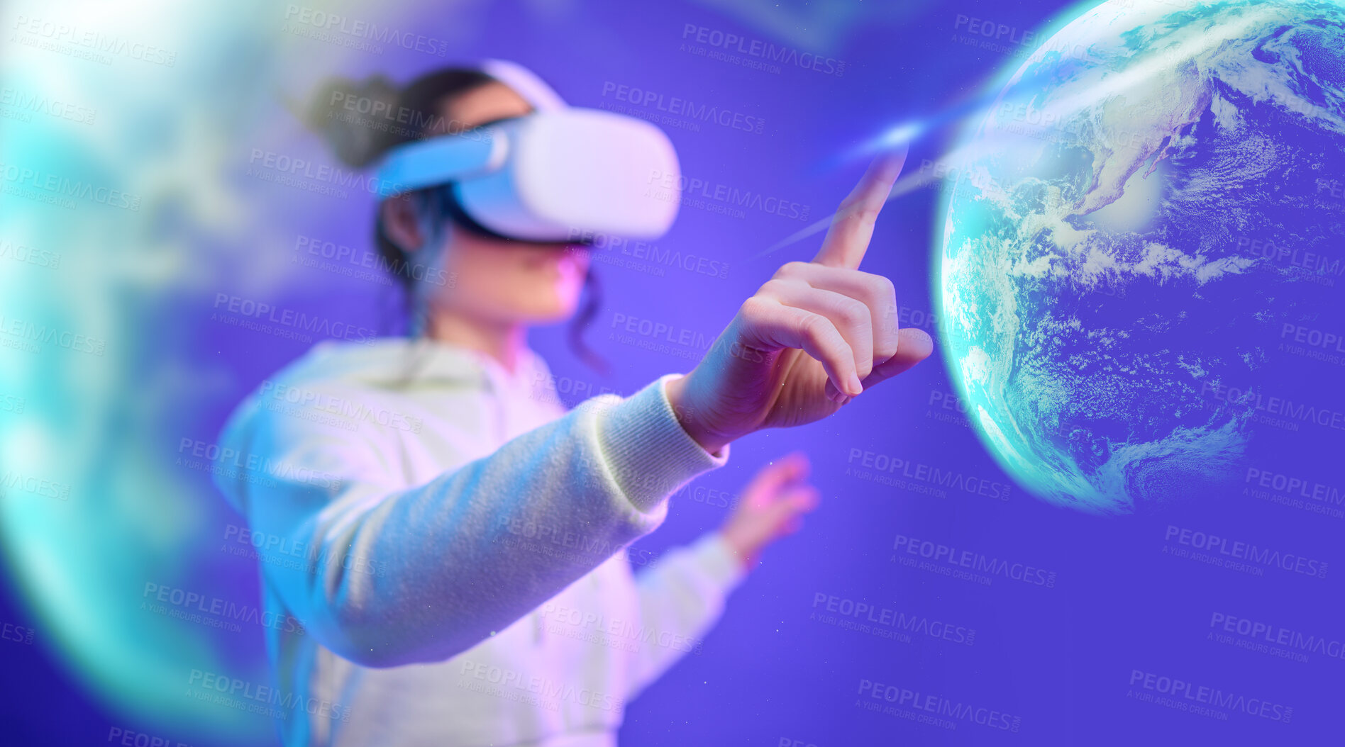 Buy stock photo Futuristic, planet or woman in vr or metaverse on purple background gaming, cyber or scifi on digital overlay. World, virtual reality user or fantasy gamer person in 3d ai galaxy experience in studio