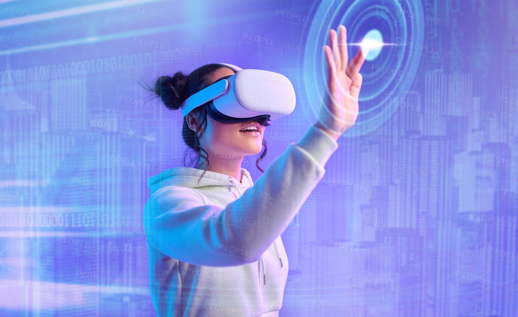 Buy stock photo Virtual reality glasses, woman and hologram for games, esports and UI user with futuristic ideas, metaverse and activity with overlay. Vr, female gamer and lady with holograph, innovation and playful