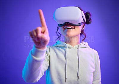 Buy stock photo Virtual reality glasses, metaverse and a woman with hand for futuristic gaming, cyber and 3d world. Excited gamer person with finger for ar mock up, digital experience and creative purple background